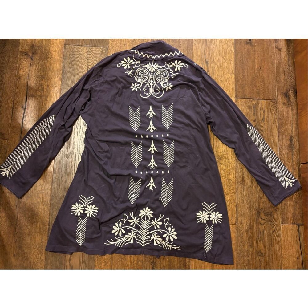 Johnny Was deep purple plum embroidered kimono cardigan jersey cotton L - Picture 2 of 10
